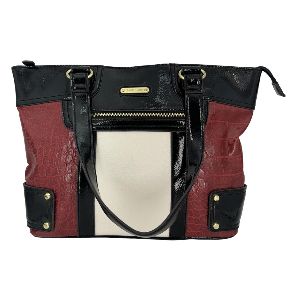 Anne Klein Tote Bag Womens Large Black Red Croc Embossed Zip Shoulder Purse